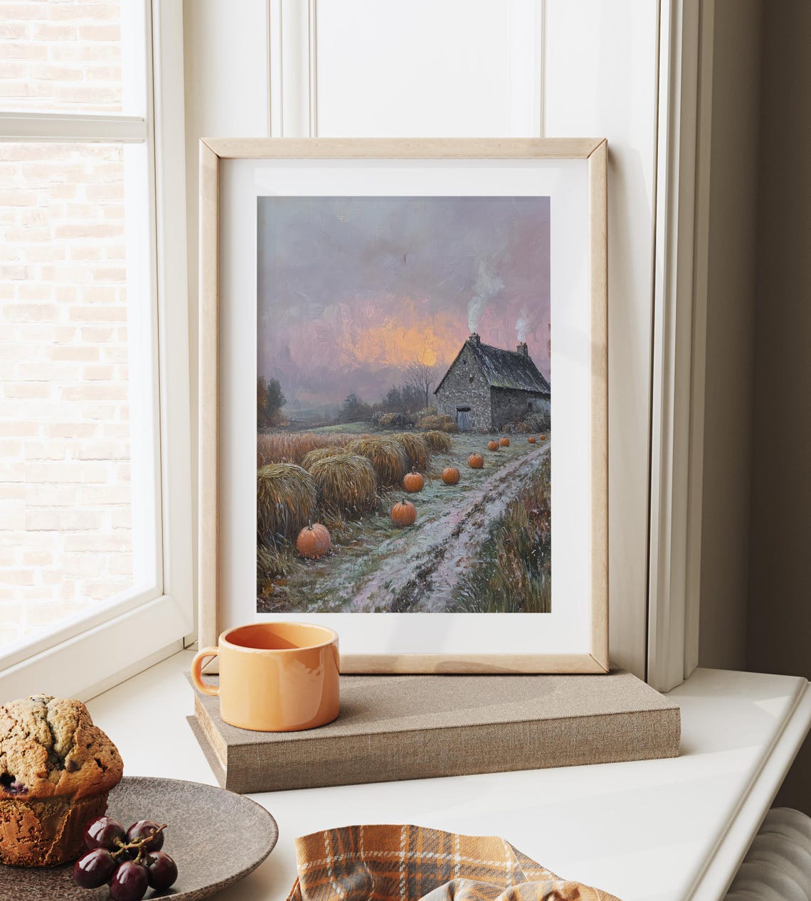 Stone Barn at Dawn With Hay Bales Pumpkins and a Smoky Chimney Poster - Image 6