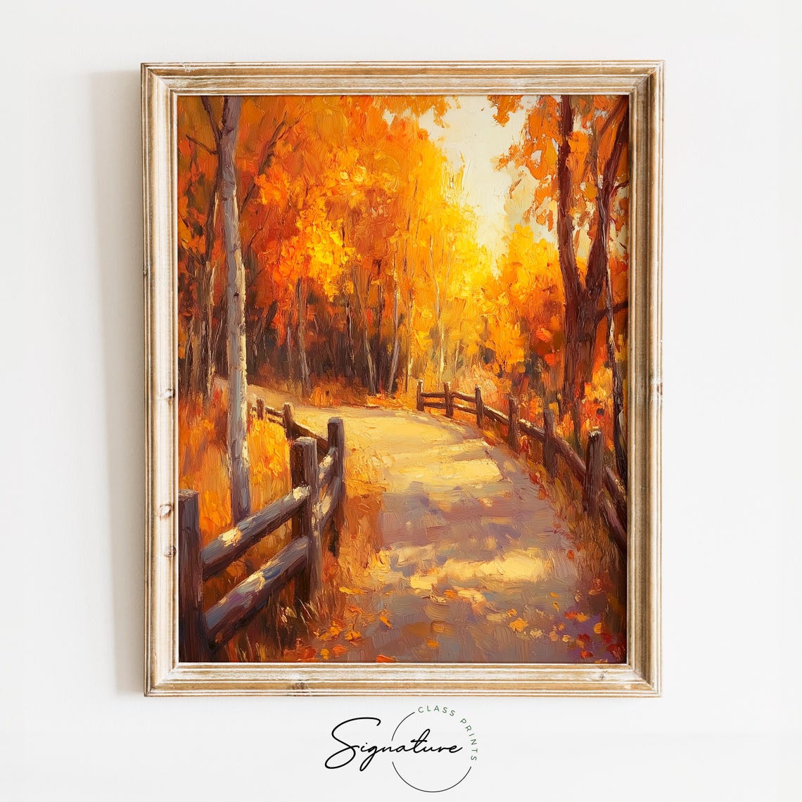 Golden Autumn Path With Wooden Fence Through Birch Trees Poster