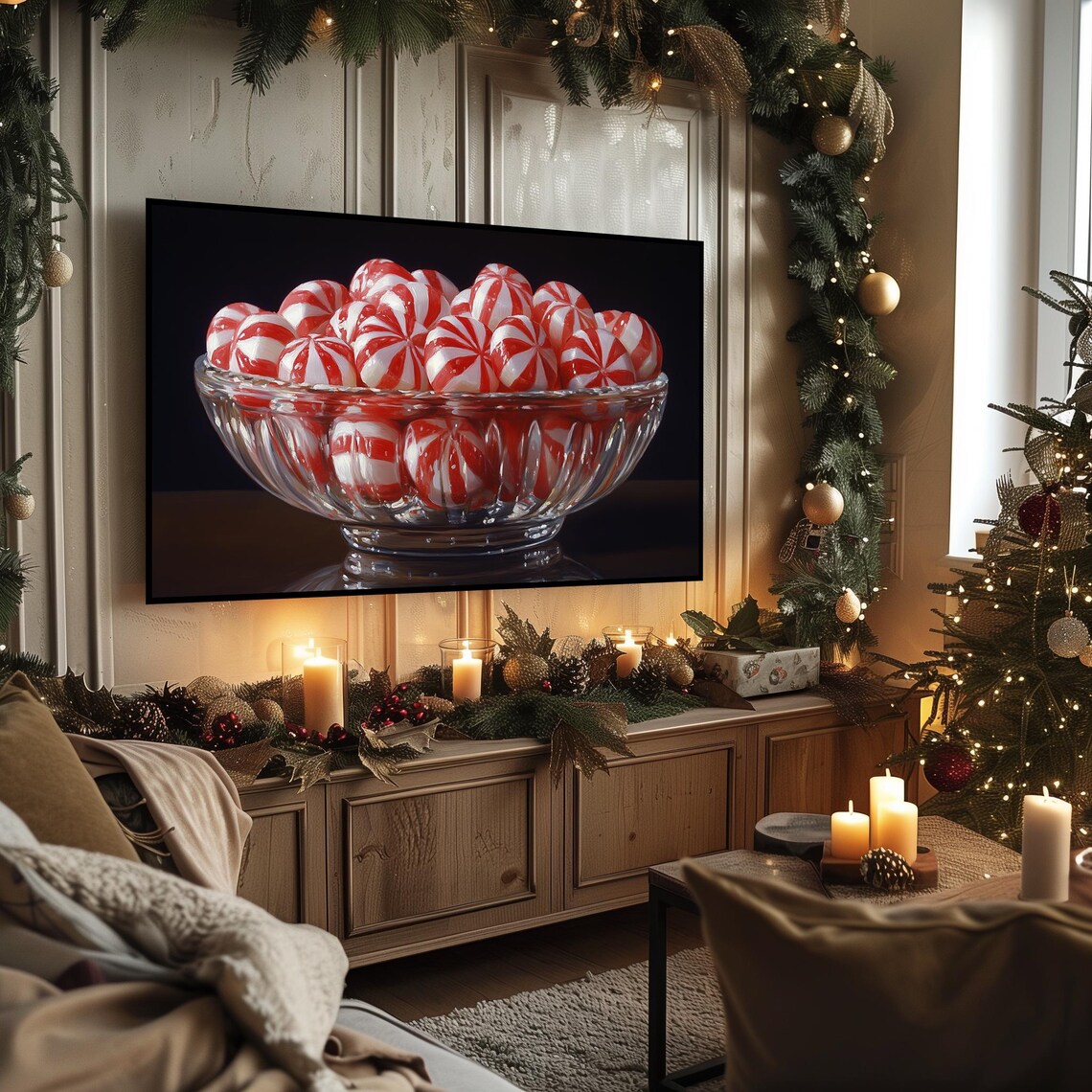 Glass Peppermint Candy Bowl Red White Swirl Holiday Sweets Poster - Image 3