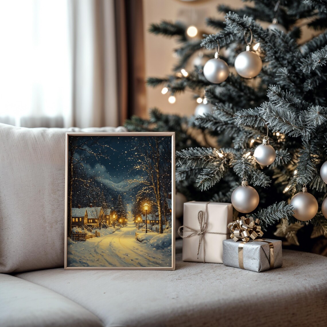 Snowy Village Street at Night with Falling Snow and Lampposts Poster - Image 5