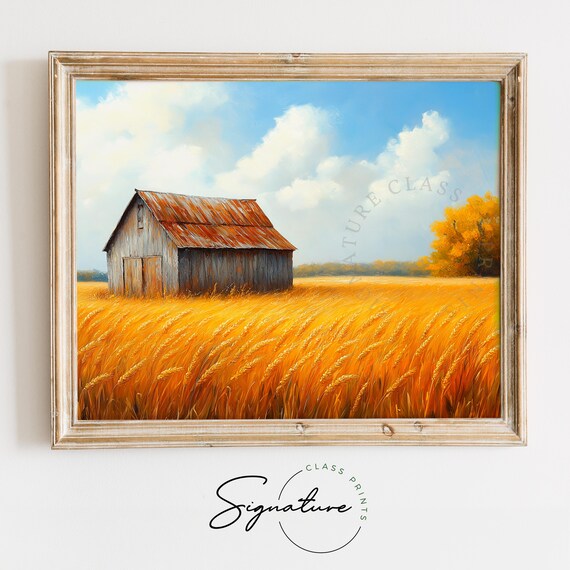 Old Barn Rusty Roof Wheat Field Oil Painting Rustic Farm Poster