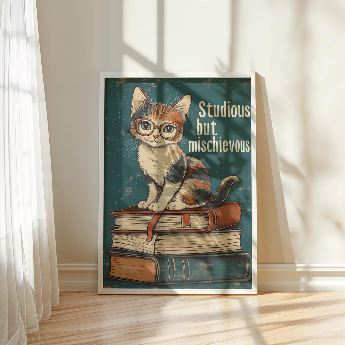Studious But Mischievous Funny Cat With Glasses On Books Quote Poster - Image 5