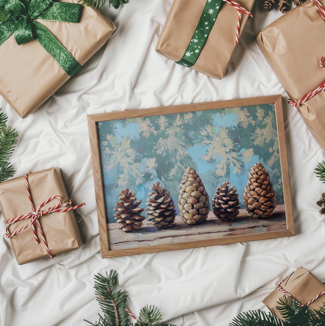 Five Pinecones On A Wooden Plank Against A Soft Blue Background Poster - Image 2