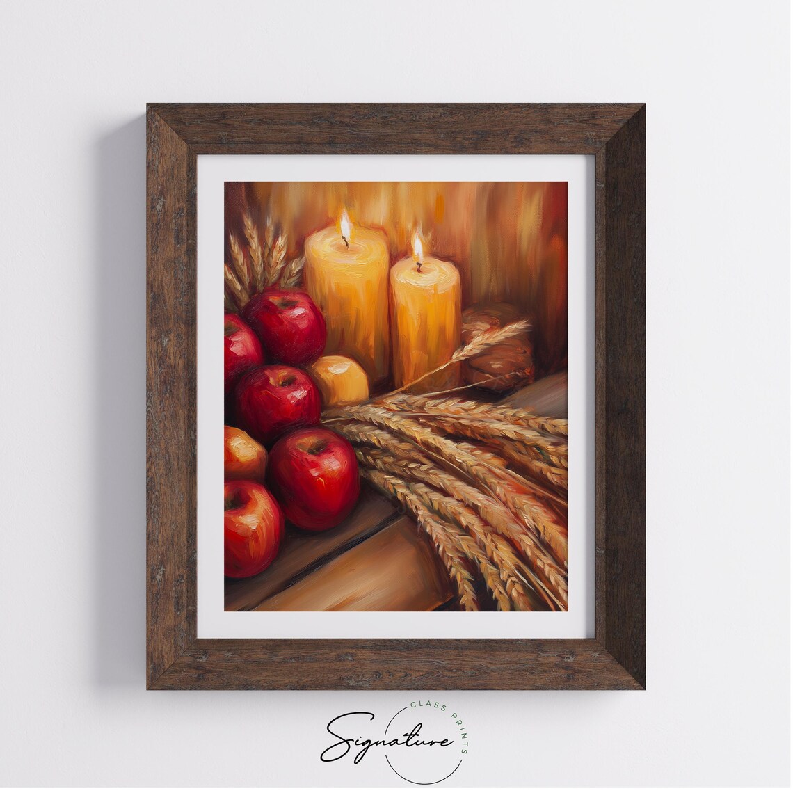 Cozy Autumn Still Life with Red Apples Wheat Sheaves and Candles Poster - Image 4