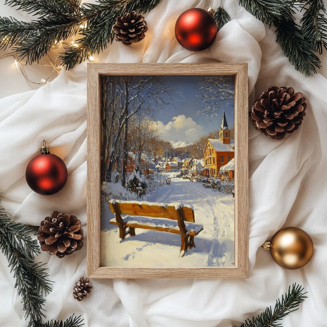 Sunny Snowy Village Street With Church And Bench Winter Scene Poster - Image 4