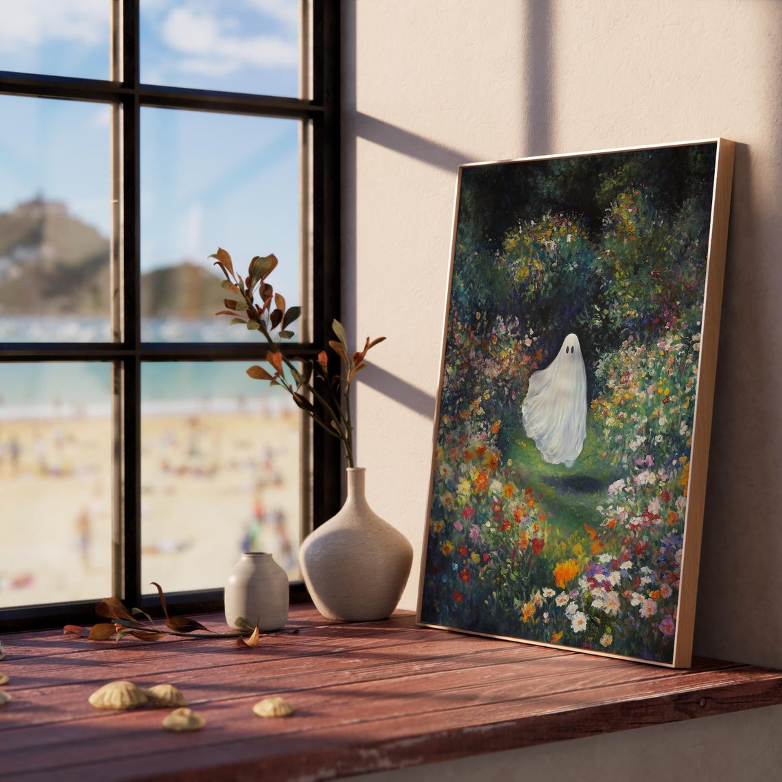 Whimsical Ghost Floating Among Wildflowers in a Dark Garden Poster - Image 5