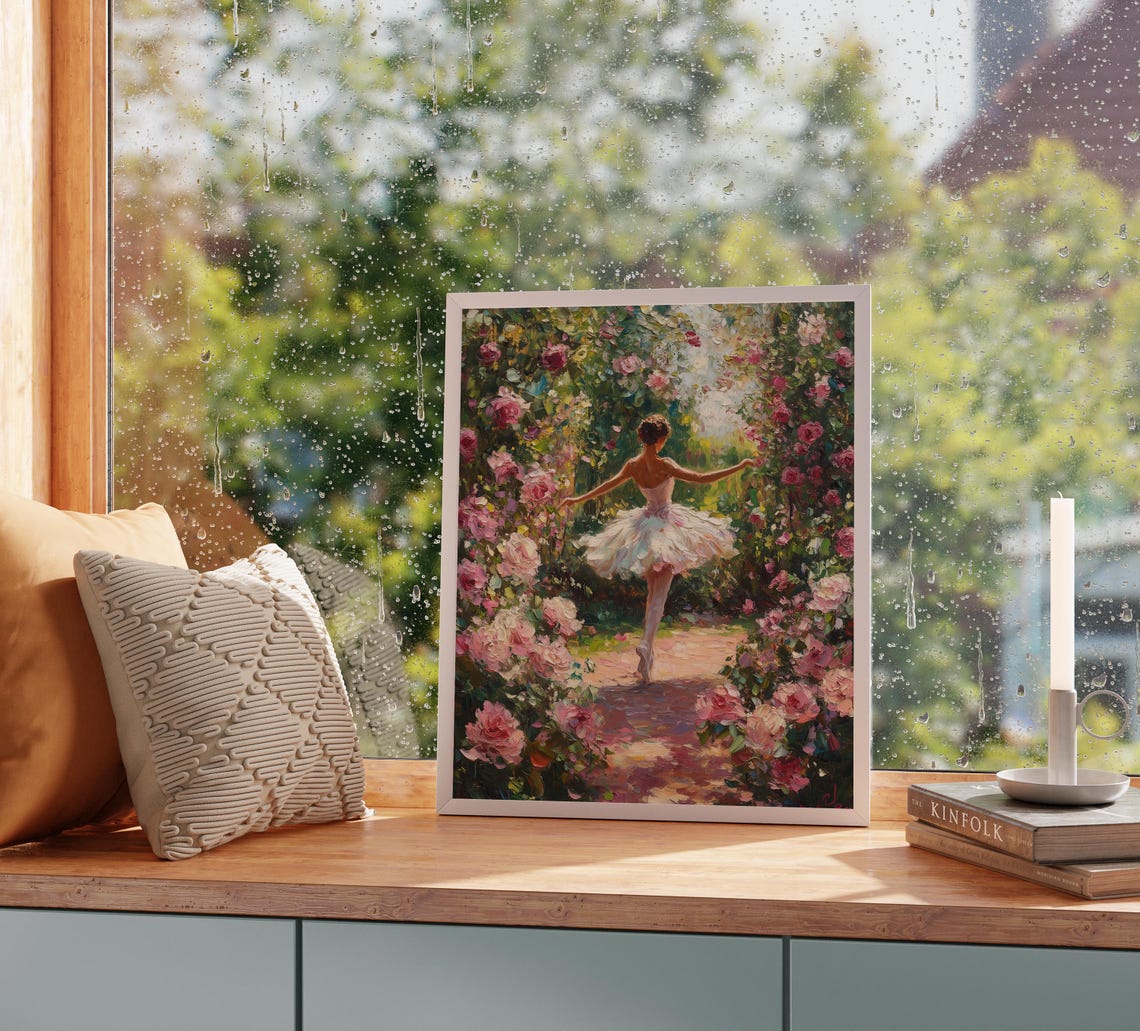 Ballerina Dancing Through Blooming Rose Garden Romantic Art Poster - Image 2