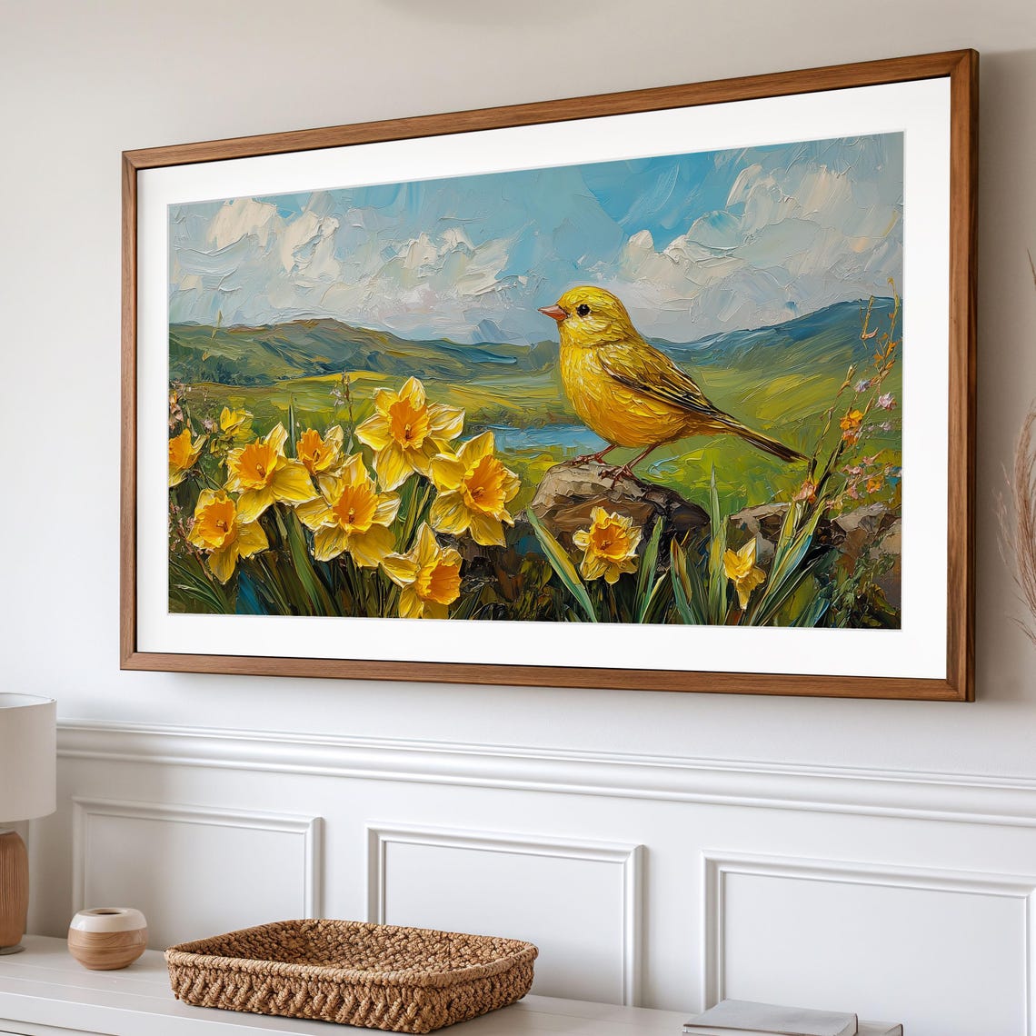 Yellow Finch Among Bright Daffodils Rolling Green Hills Poster - Image 2
