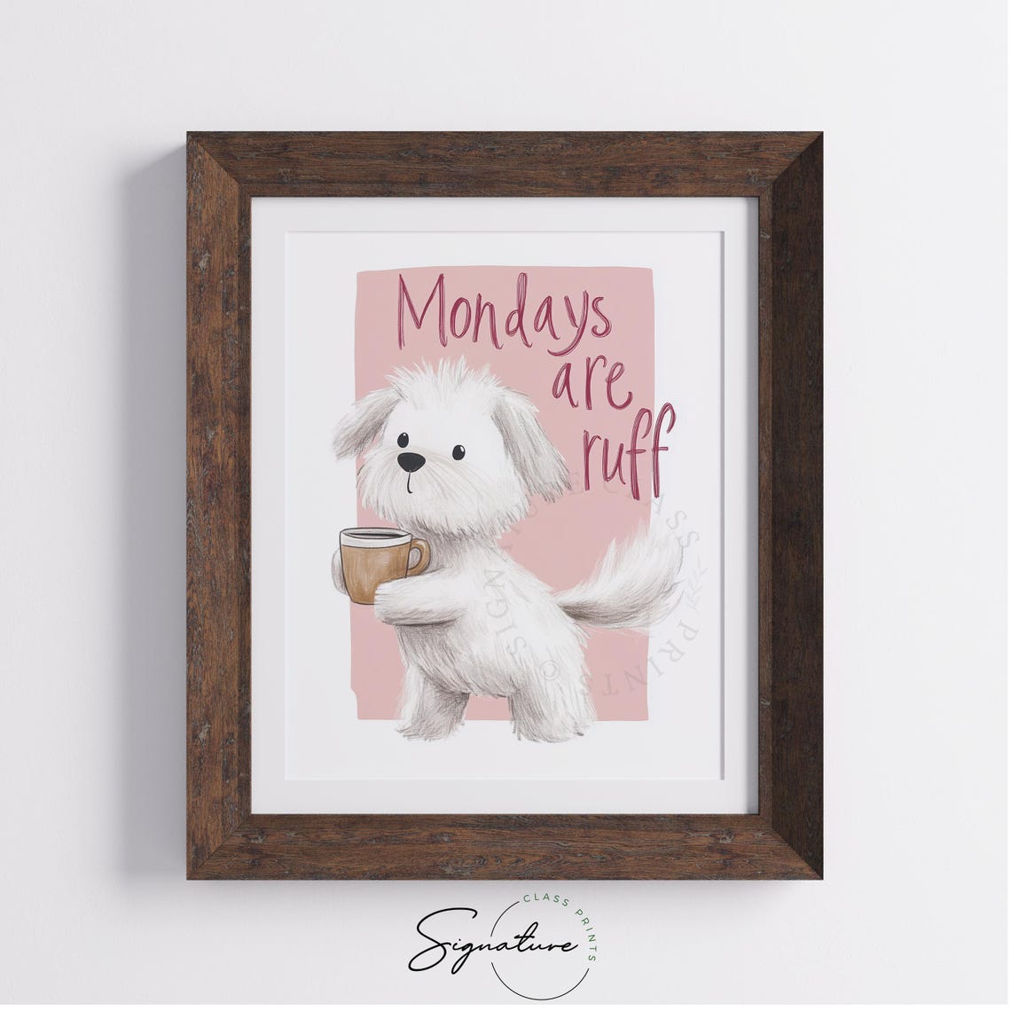 Mondays Are Ruff Funny White Puppy Coffee Retro Pink Wall Art - Image 4