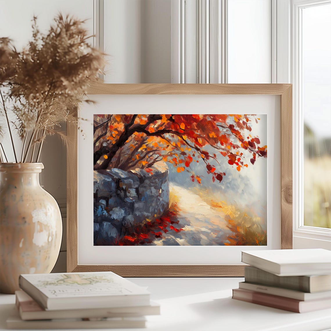 Autumn Stone Wall Painting Red Fall Leaves Impasto Tree Branch Poster - Image 2