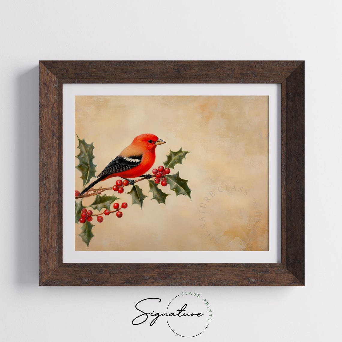 Scarlet Tanager on Holly Branch with Red Berries Bird Art Poster - Image 4