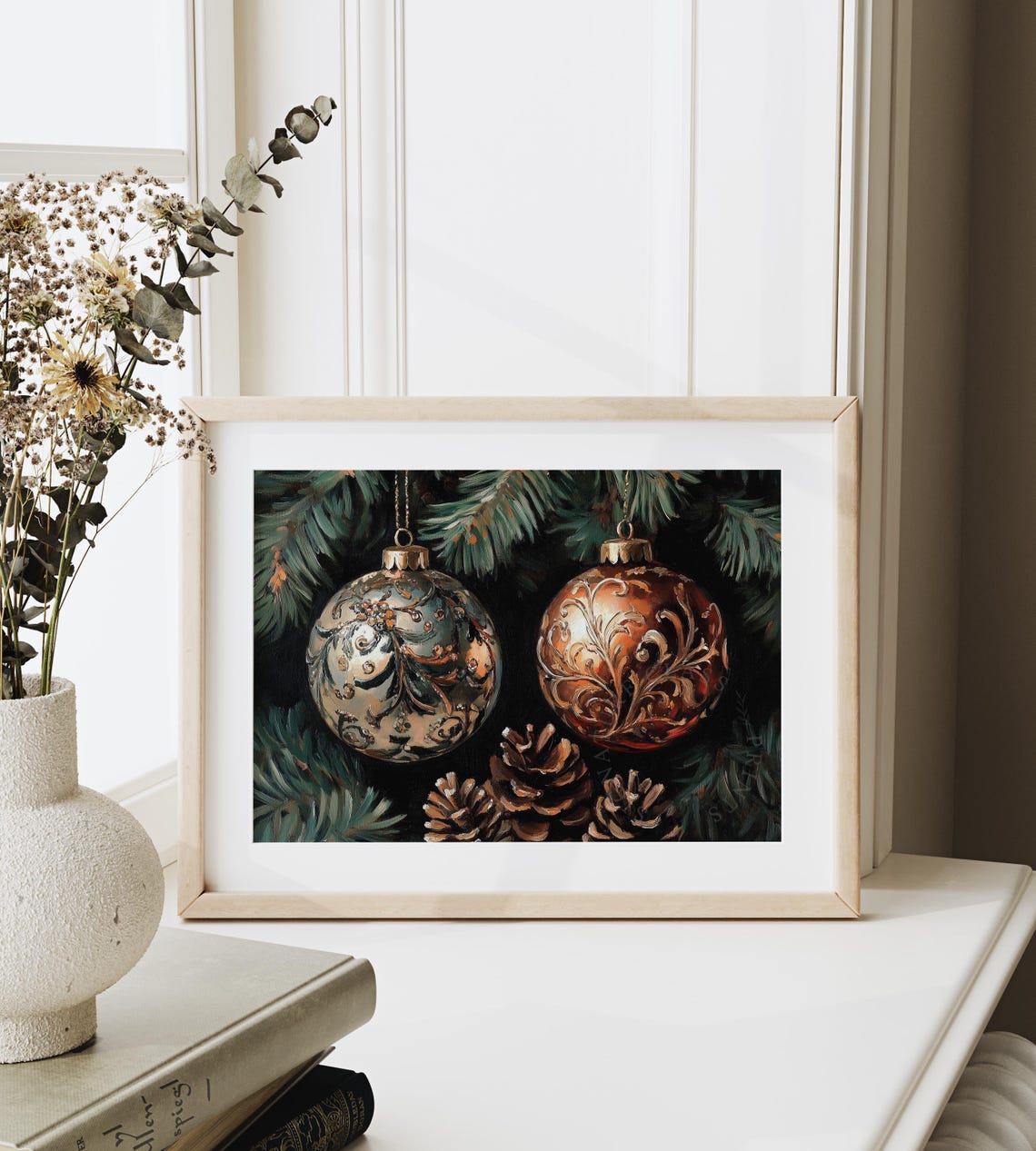 Green And Copper Ornate Christmas Ornaments With Pinecones Poster - Image 6