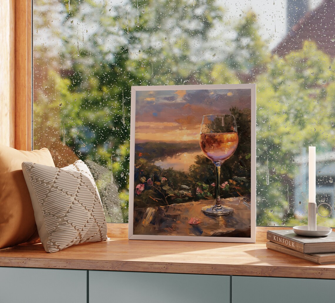 Rose Wine Sunset River View Roses Stone Ledge Romantic Evening Oil Poster - Image 2