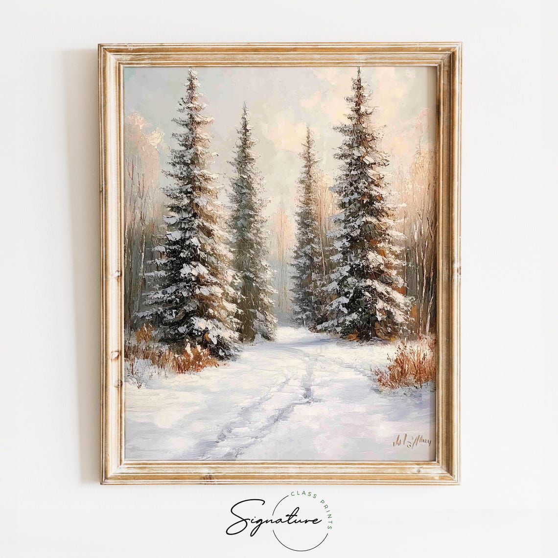 Snowy Spruce Forest Trail Vintage Winter Landscape Oil Poster