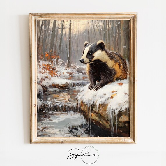 Badger Snowy Stream Winter Woodland Forest Wildlife Oil Painting Poster