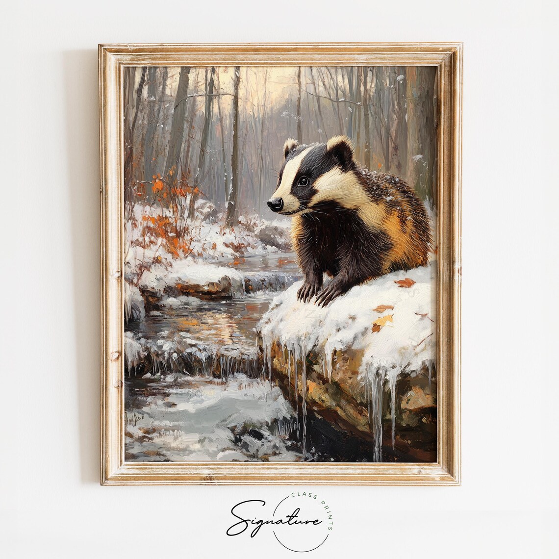 Badger Snowy Stream Winter Woodland Forest Wildlife Oil Painting Poster