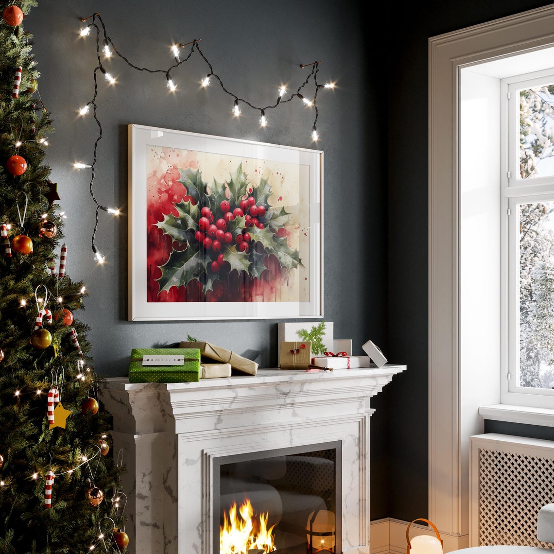 Christmas Holly Berries Watercolor Painting Holiday Season Wall Poster - Image 4