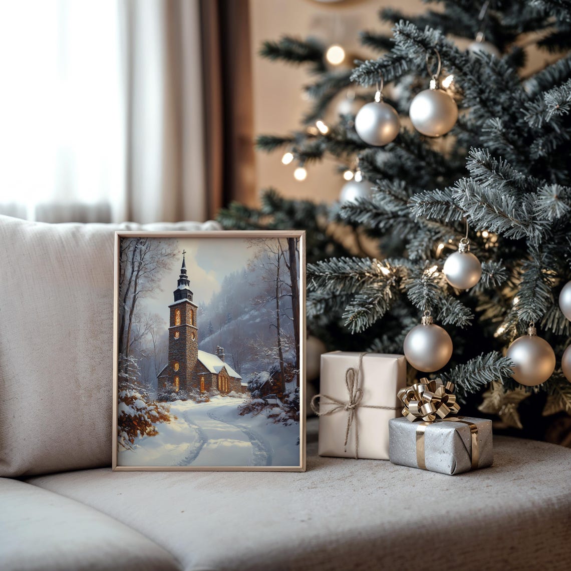 Snowy Stone Church With Glowing Windows And Tall Spire Winter Wall Art - Image 5