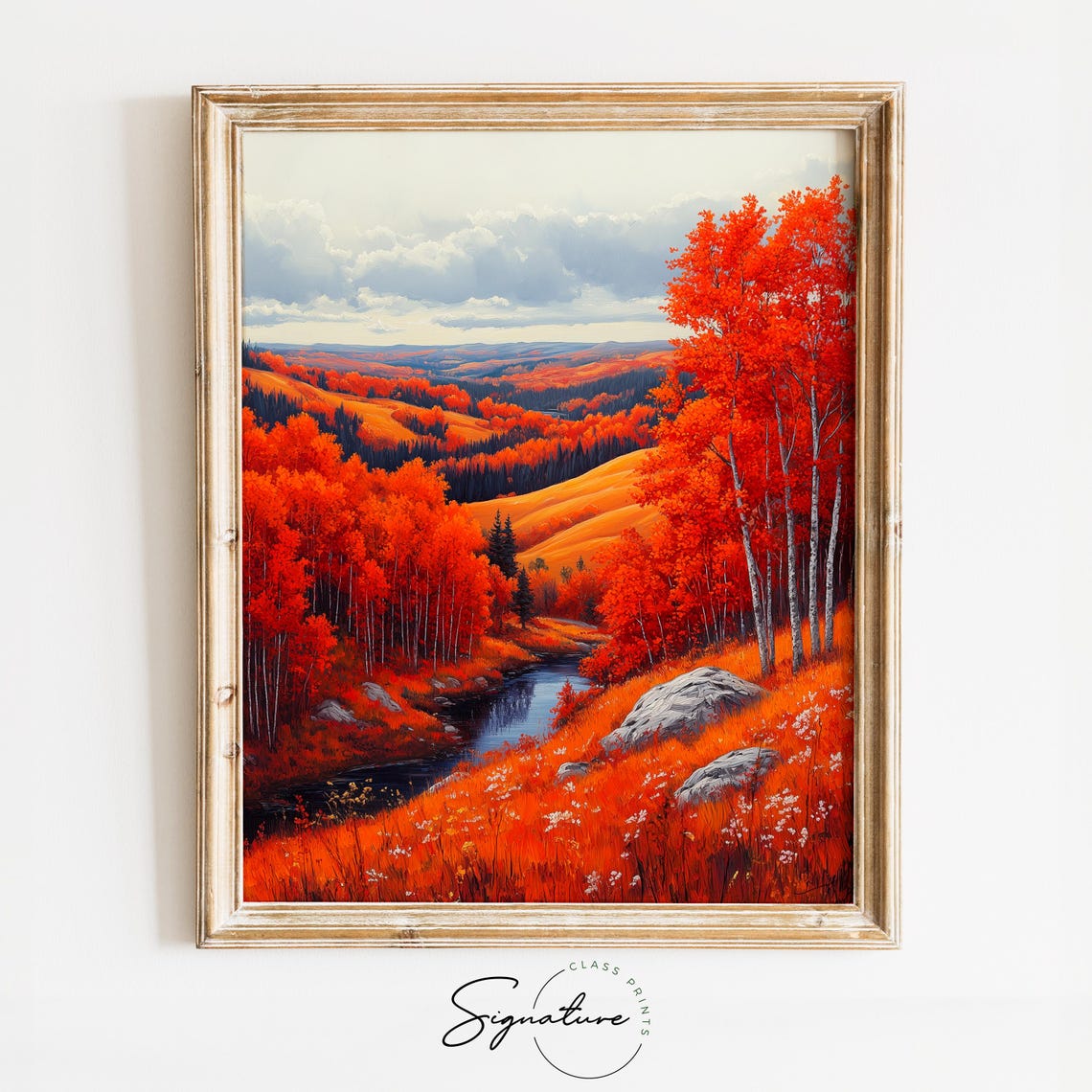 Red Autumn Hills With River Valley Vibrant Fall Landscape Poster