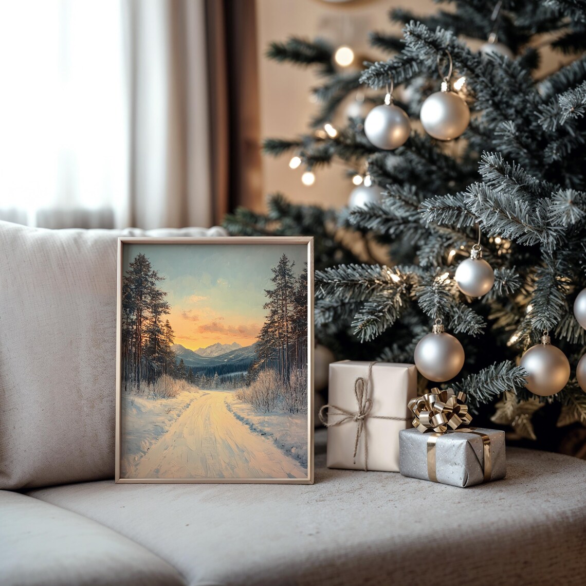 Snow Covered Road Through Pines at Sunset Winter Oil Painting Print - Image 5