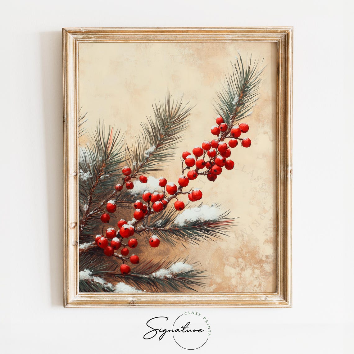Red Winterberries on Snowy Branches Vintage Botanical Poster