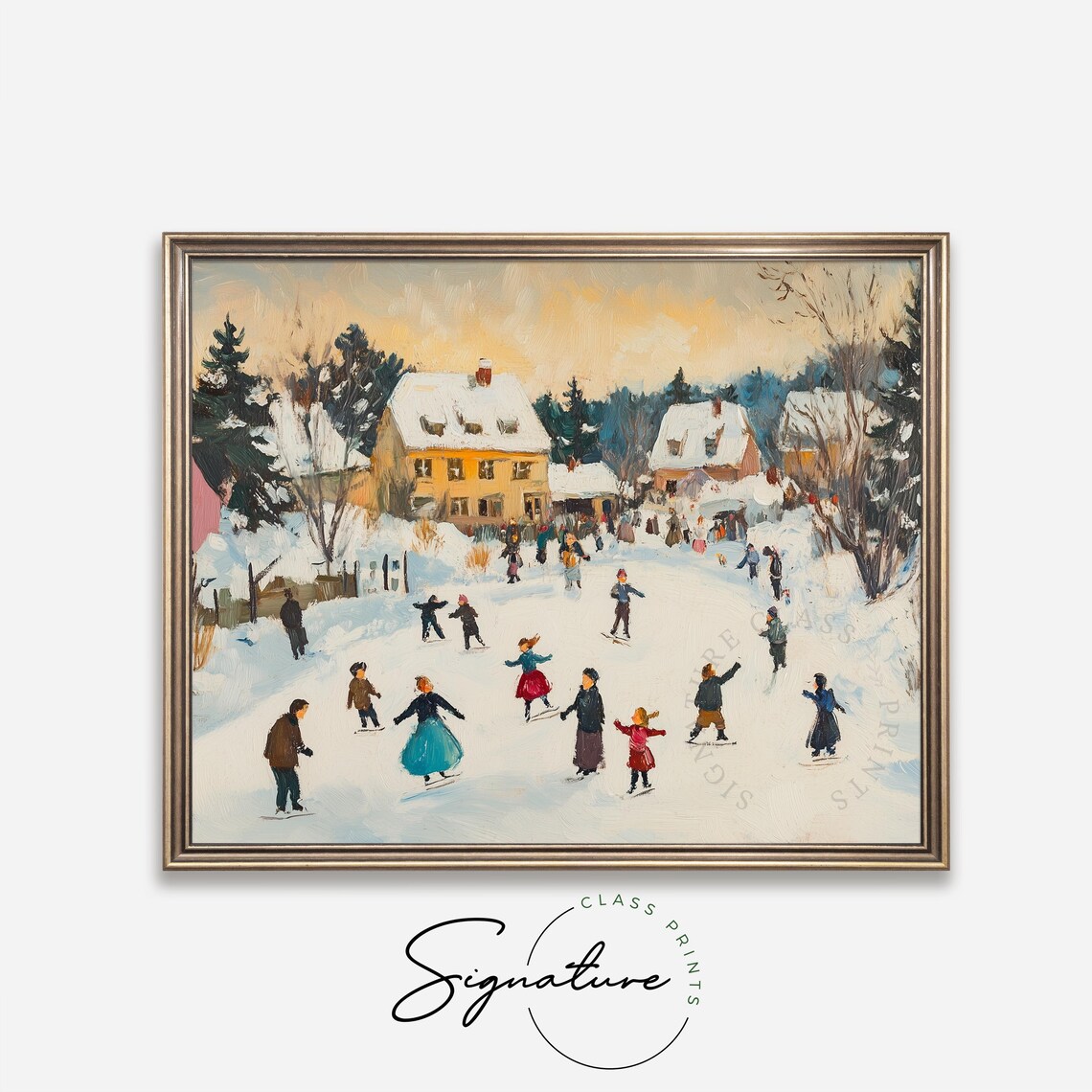 Winter Village Ice Skating At Dusk With Snowy Cottages Poster - Image 4