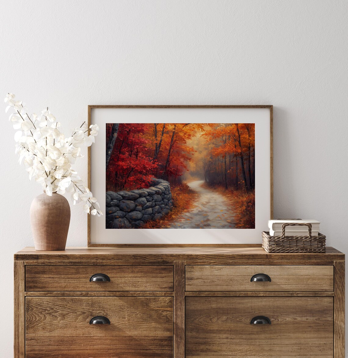 Misty Autumn Lane With Old Stone Wall Beneath Flaming Red Trees Poster - Image 3