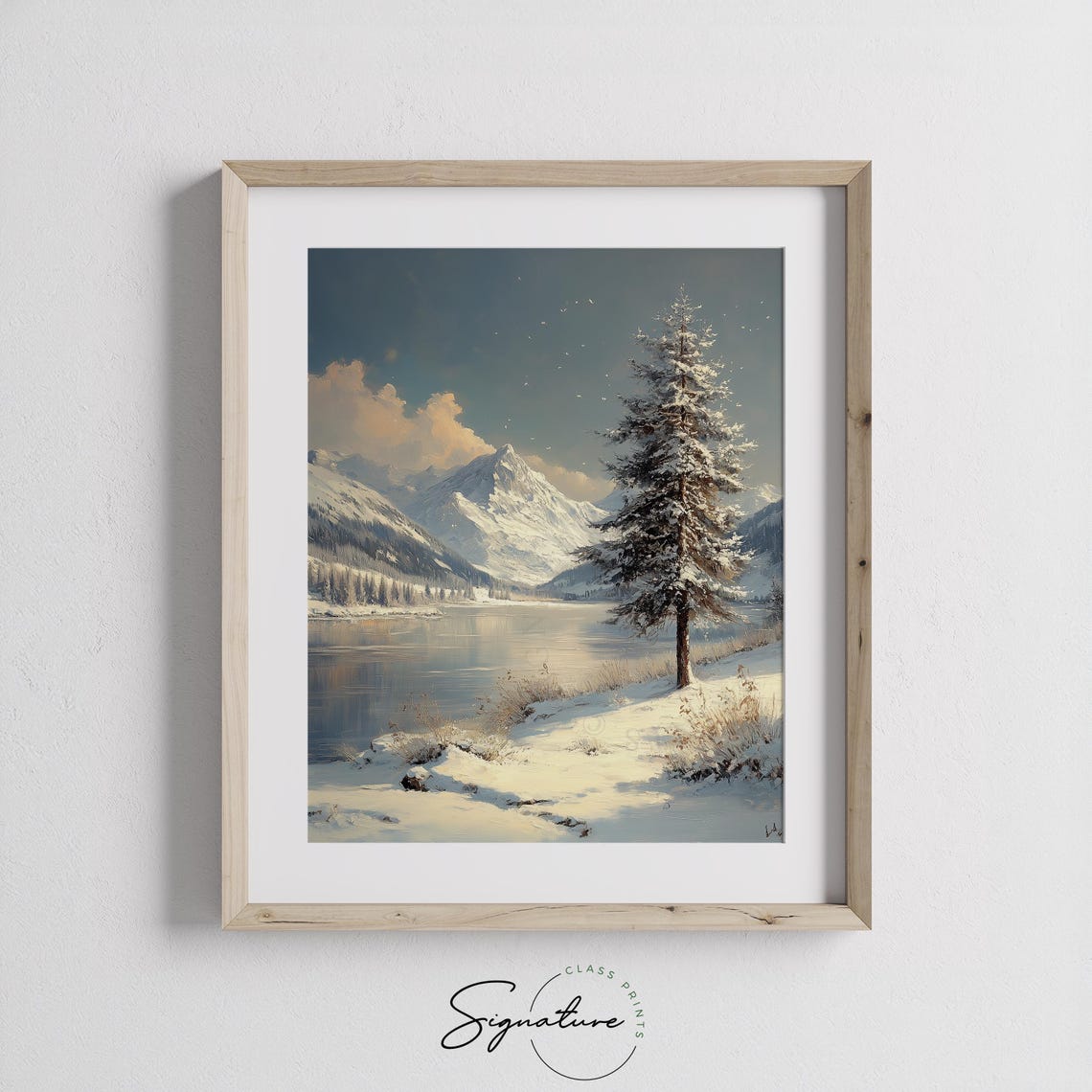 Snowy Mountain Lake With Lone Pine Tree And Peaks Winter Wall Art - Image 2