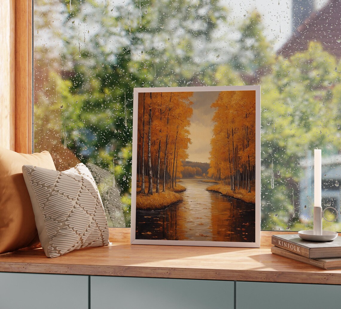 Golden Birch Trees Lining a Still River in Glowing Autumn Light Wall Art - Image 2