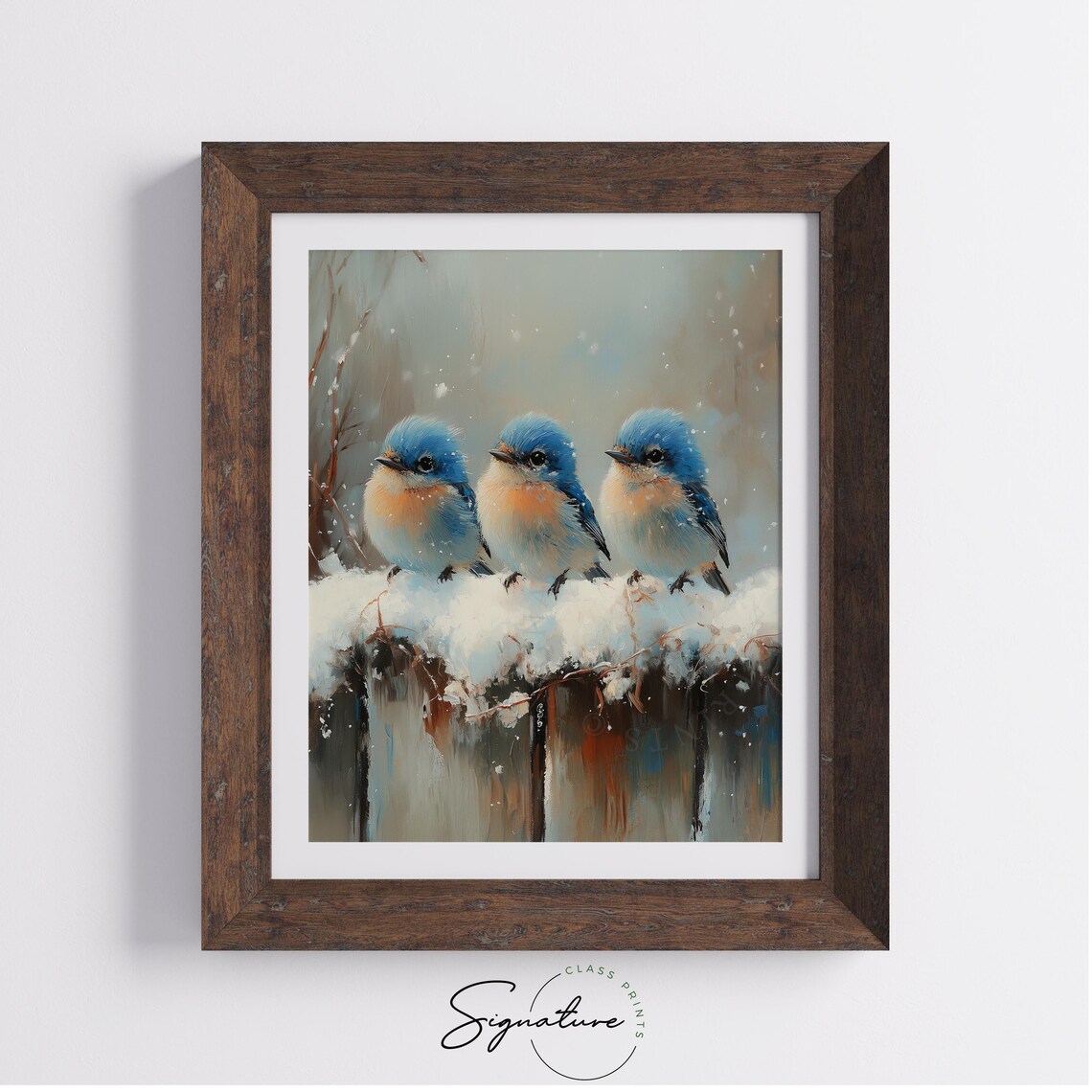 Three Baby Bluebirds On Snowy Fence Adorable Winter Bird Art Poster - Image 2