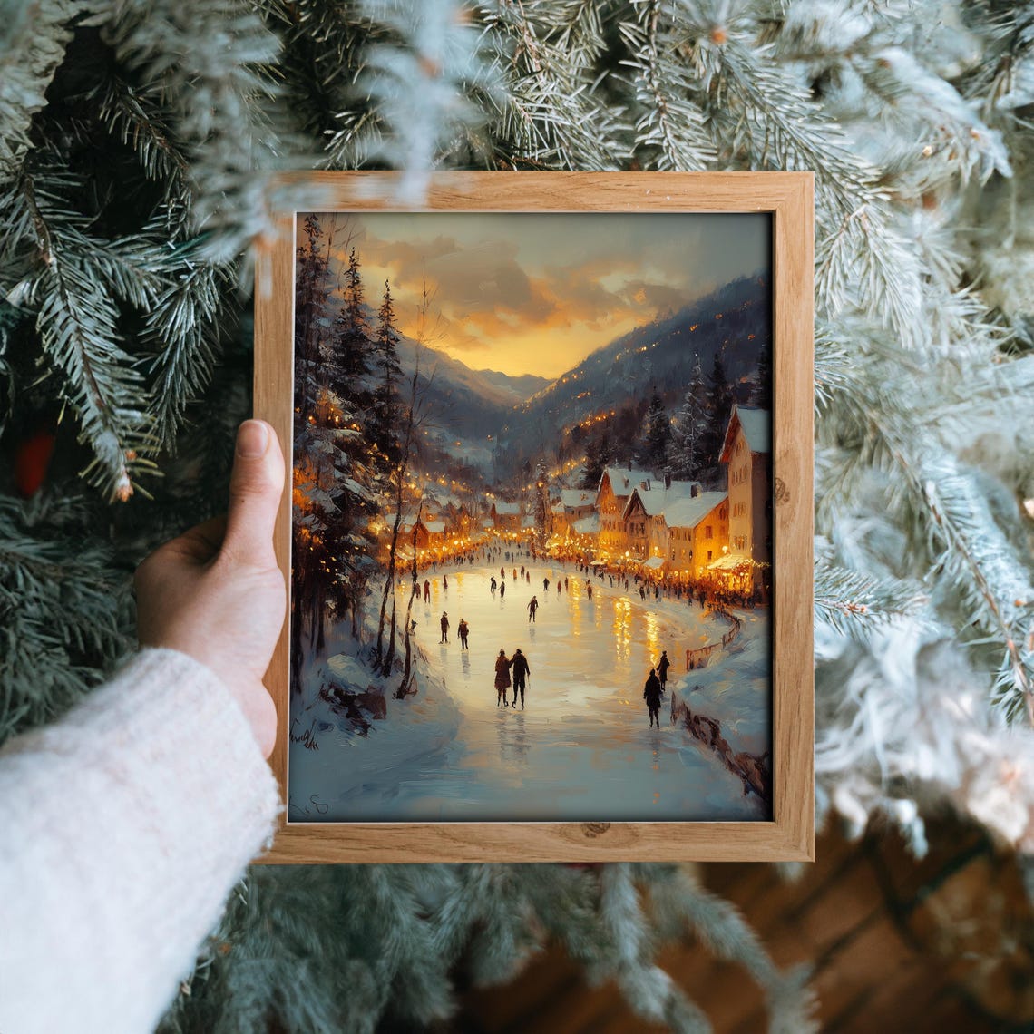 Frozen Lake at Sunset with Ice Skaters in Snowy Village Scene Poster - Image 6