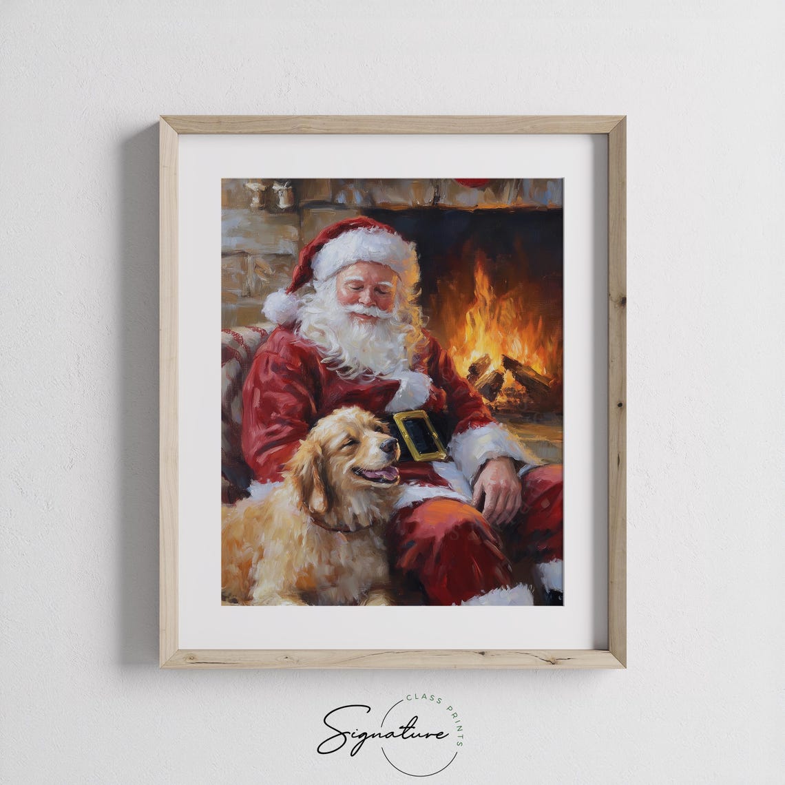 Santa Claus With Golden Retriever By Fireplace Holiday Art Poster - Image 4