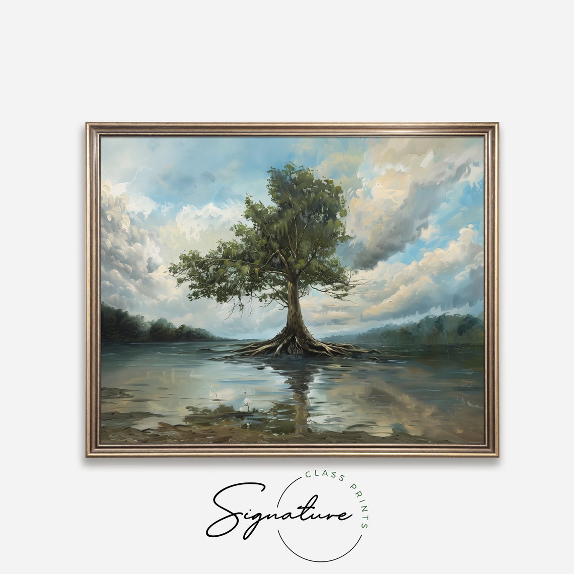 Solitary Sycamore Tree River Reflection Dramatic Clouds Poster - Image 4