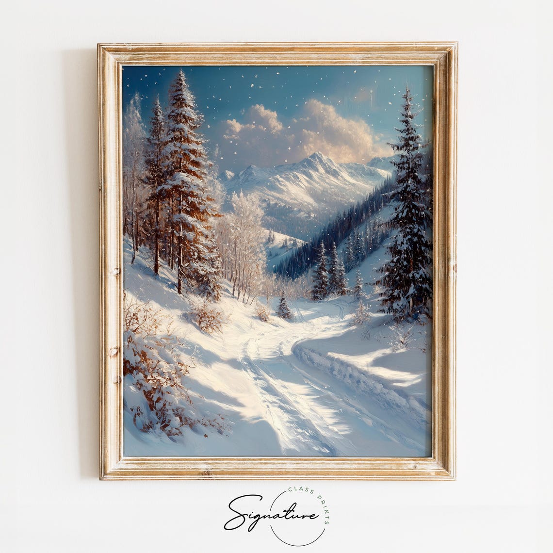 Sunlit Mountain Pass with Snow Laden Pines Winter Trail Poster