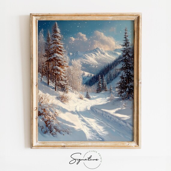 Sunlit Mountain Pass with Snow Laden Pines Winter Trail Poster