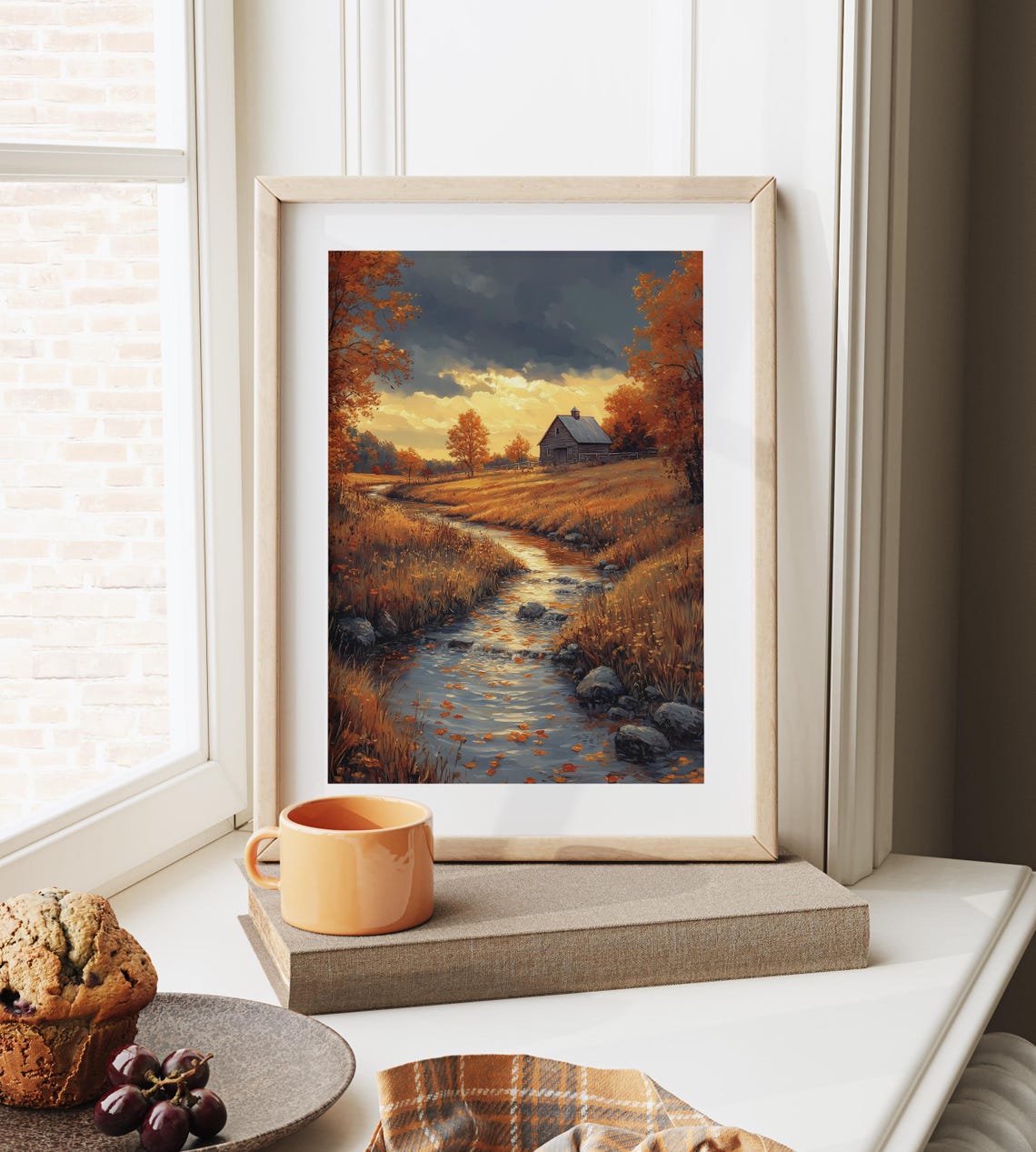 Stream Through Meadow Cabin Dramatic Sunset Autumn Painting Print - Image 6