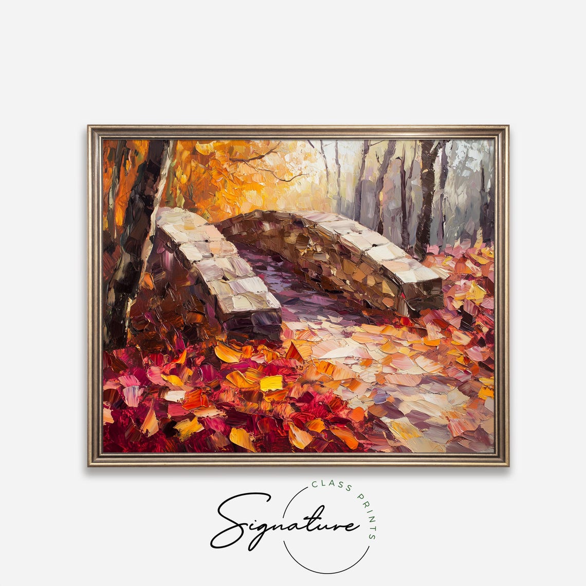 Arched Stone Bridge In Autumn Forest With Fallen Leaves Poster - Image 4