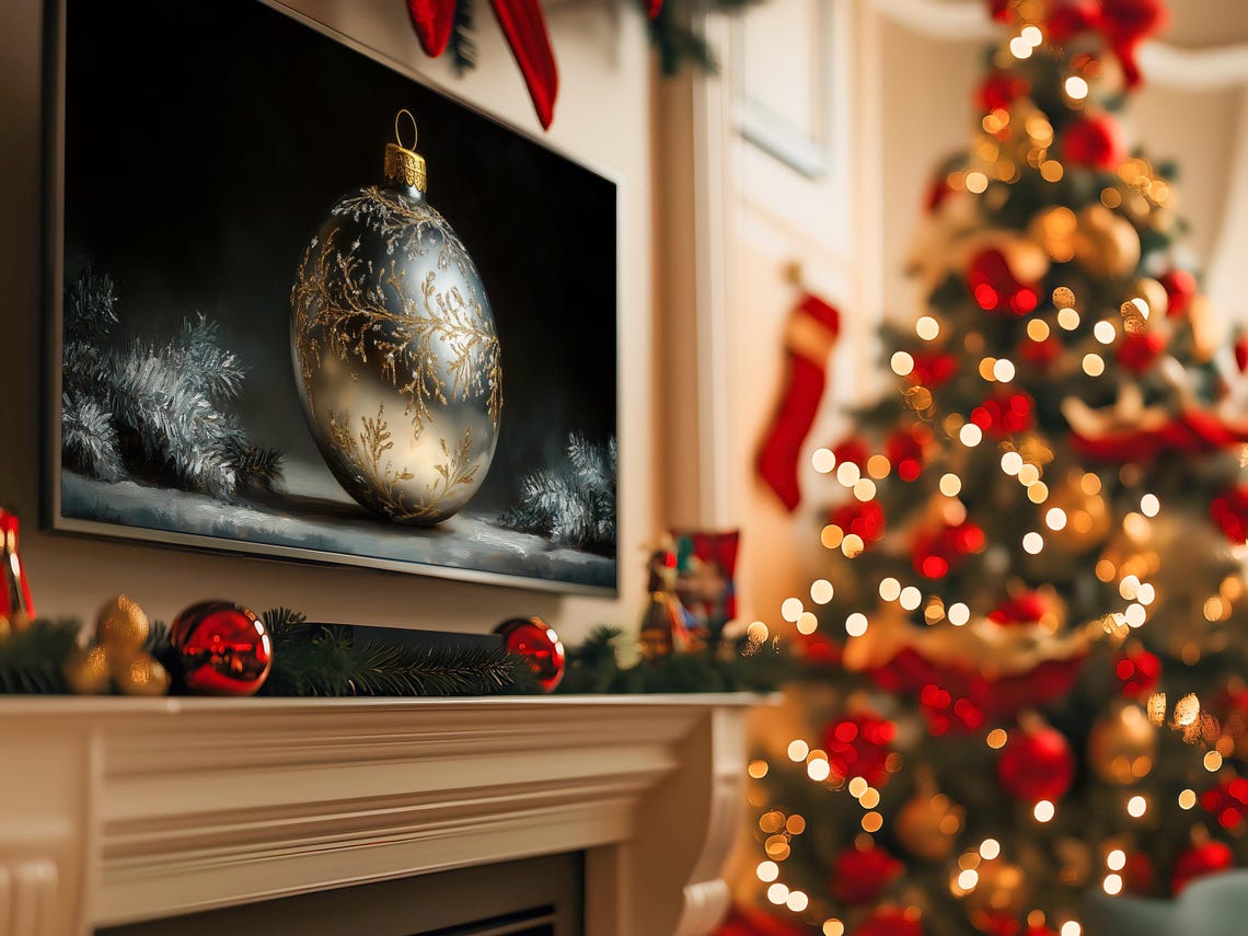 Silver Christmas Ornament With Gold Fern on Black Holiday Art Poster - Image 5
