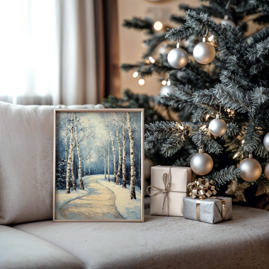 Birch Tree Lined Snowy Lane Curving Through Winter Woods Poster - Image 5