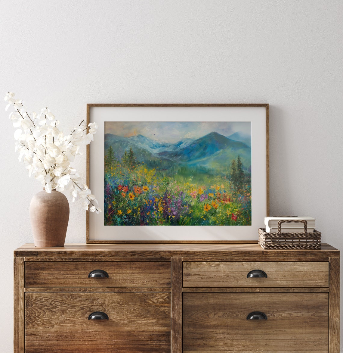 Dense Wildflower Meadow with Blue Mountains Impressionist Poster - Image 3