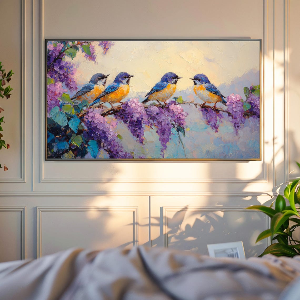 Four Blue Orange Songbirds On Purple Lilac Branch Impasto Poster - Image 4