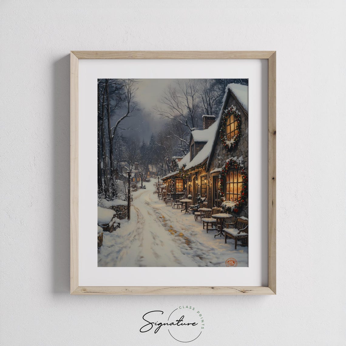 Snowy Cafe Street at Night with Glowing Wreaths Winter Poster - Image 2