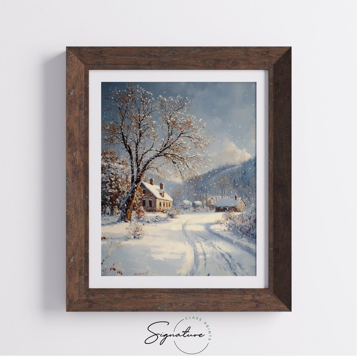 Snowy Village With Big Oak Tree And Cottages At Midday Poster - Image 3