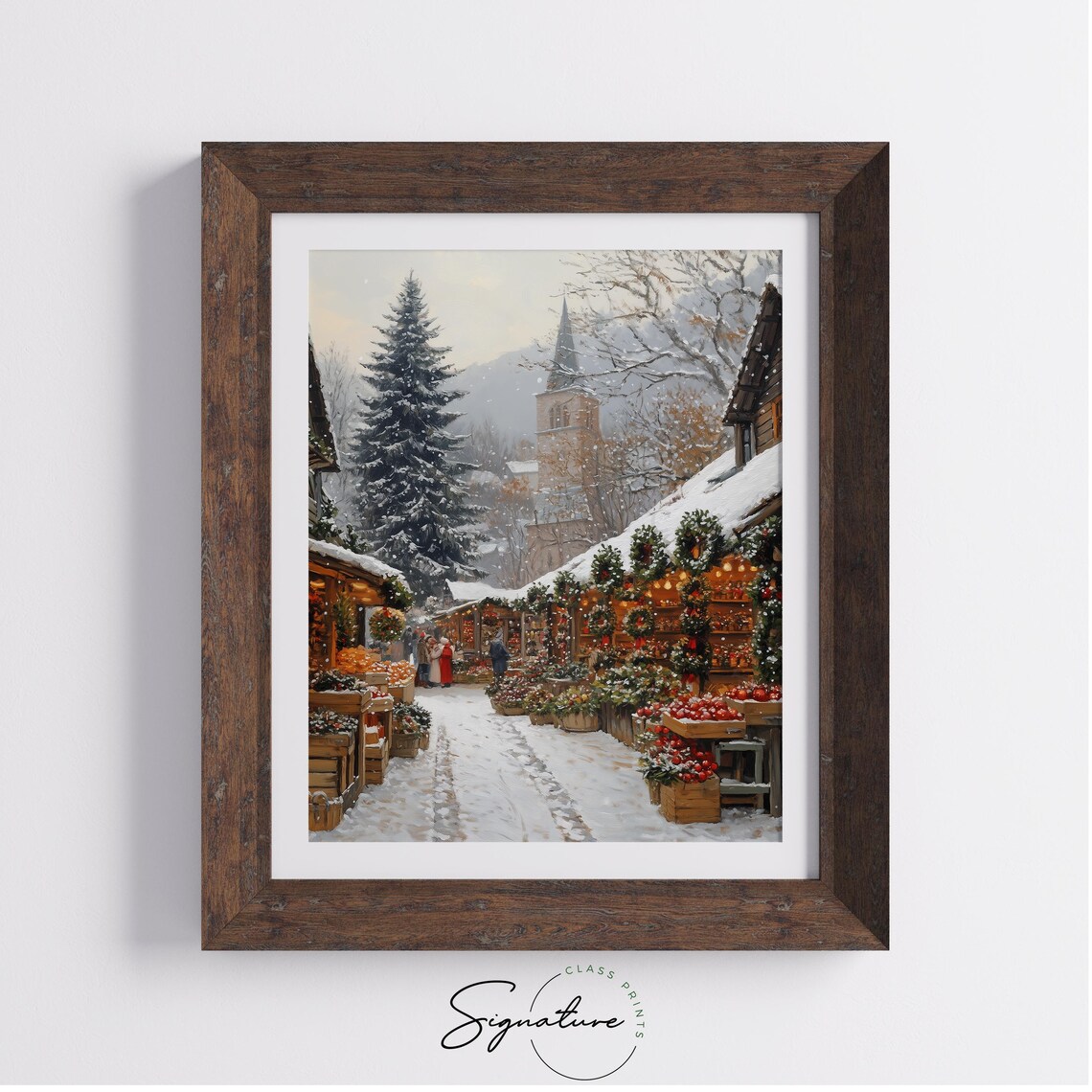 Snowy Christmas Market Street with Wreaths Church and Tree Poster - Image 3