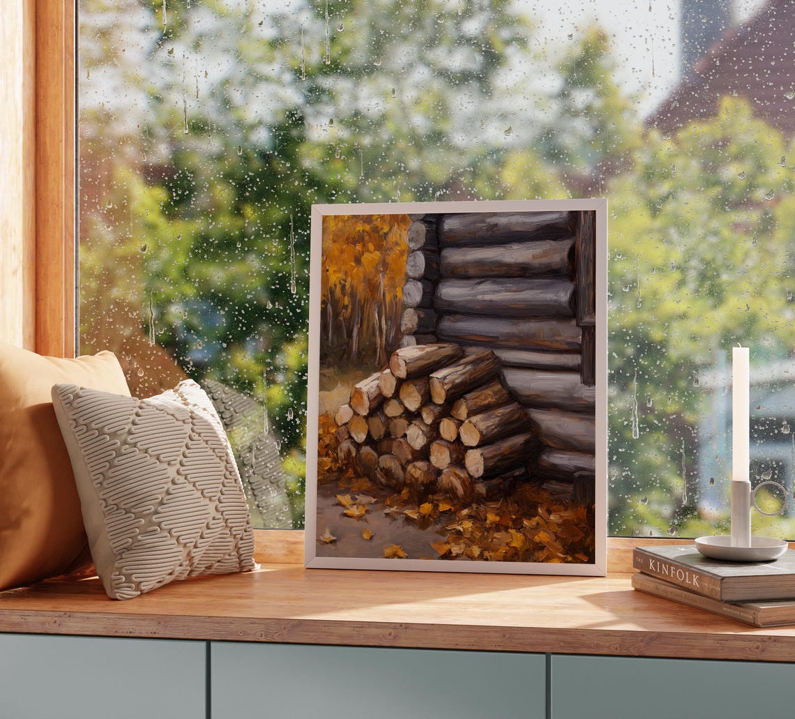 Rustic Log Cabin Firewood Stack With Autumn Leaves Fall Poster - Image 2