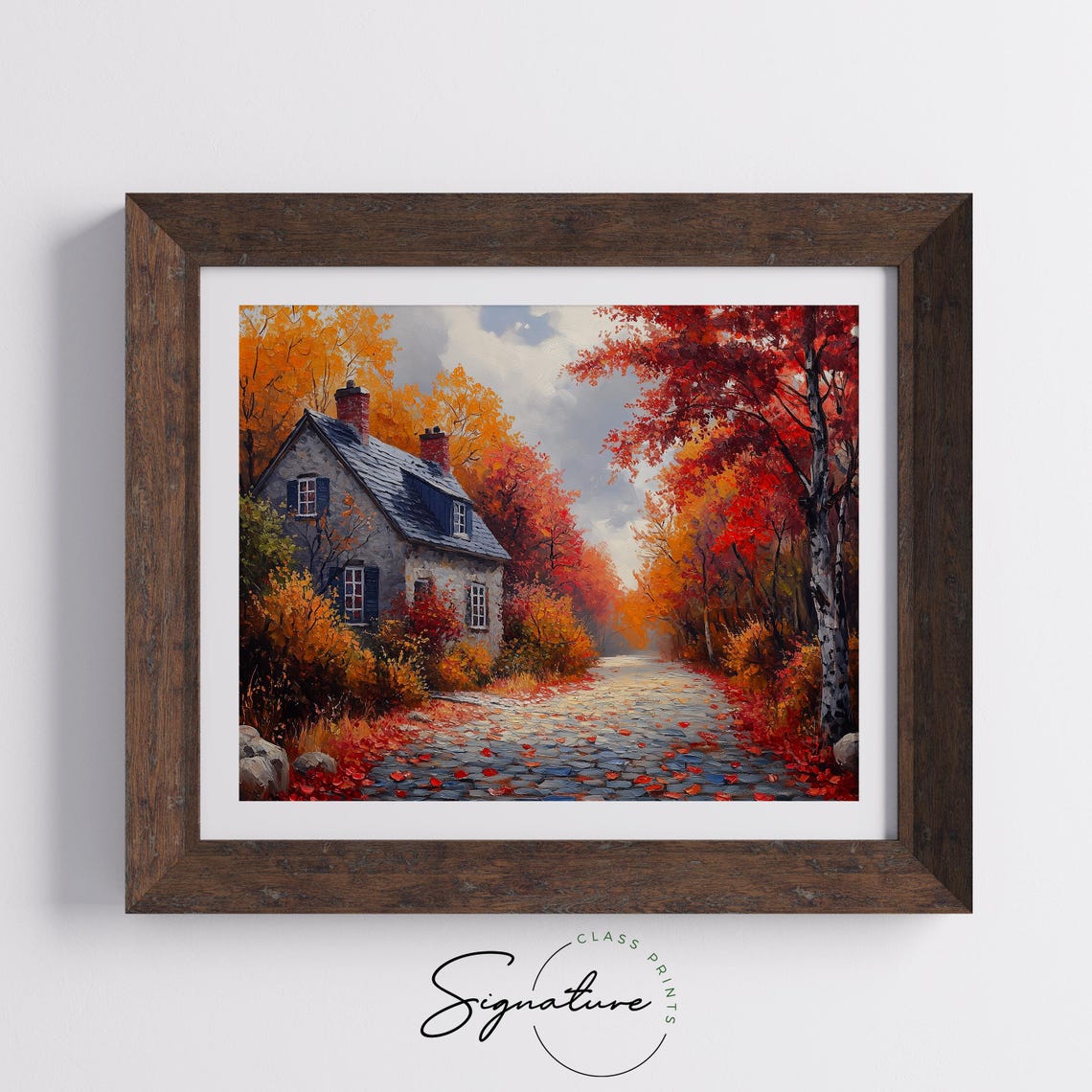 Autumn Stone Cottage Cobblestone Lane Red Maple Trees Fall Wall Art - Image 5