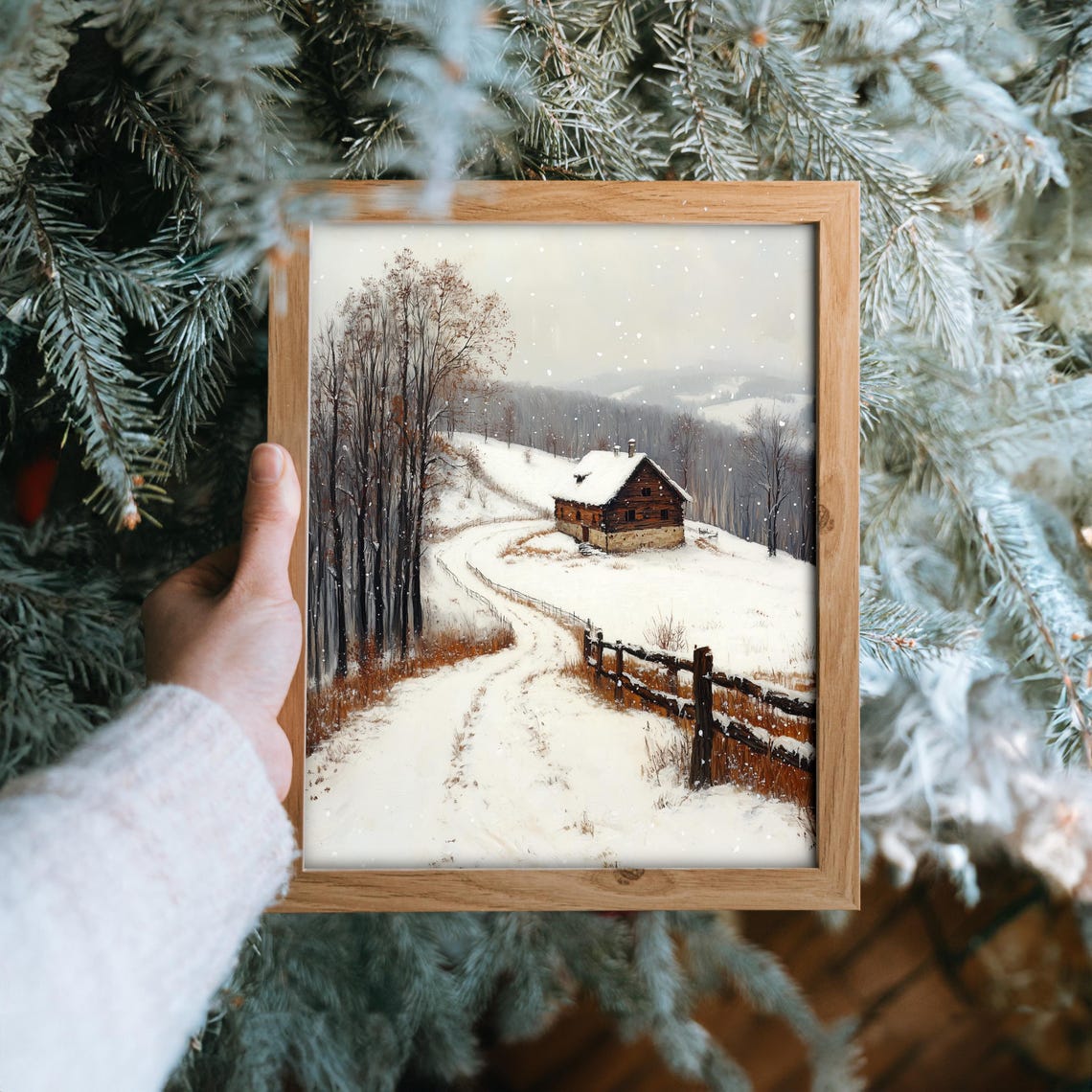 Snowy Log Cabin in Winter with Falling Snow Winding Path Poster - Image 6