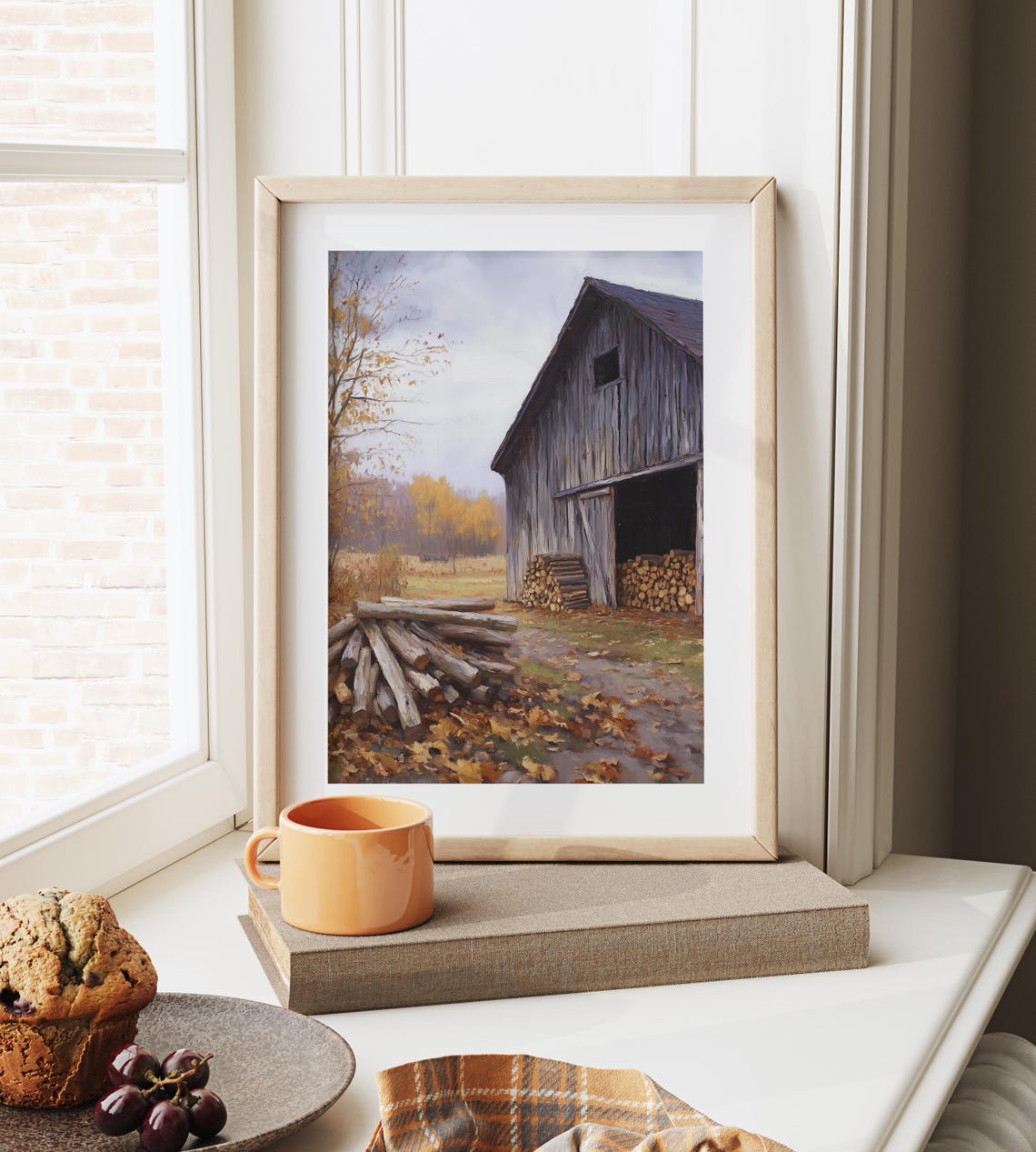 Weathered Gray Barn Firewood Stack Fall Harvest Country Painting Print - Image 6