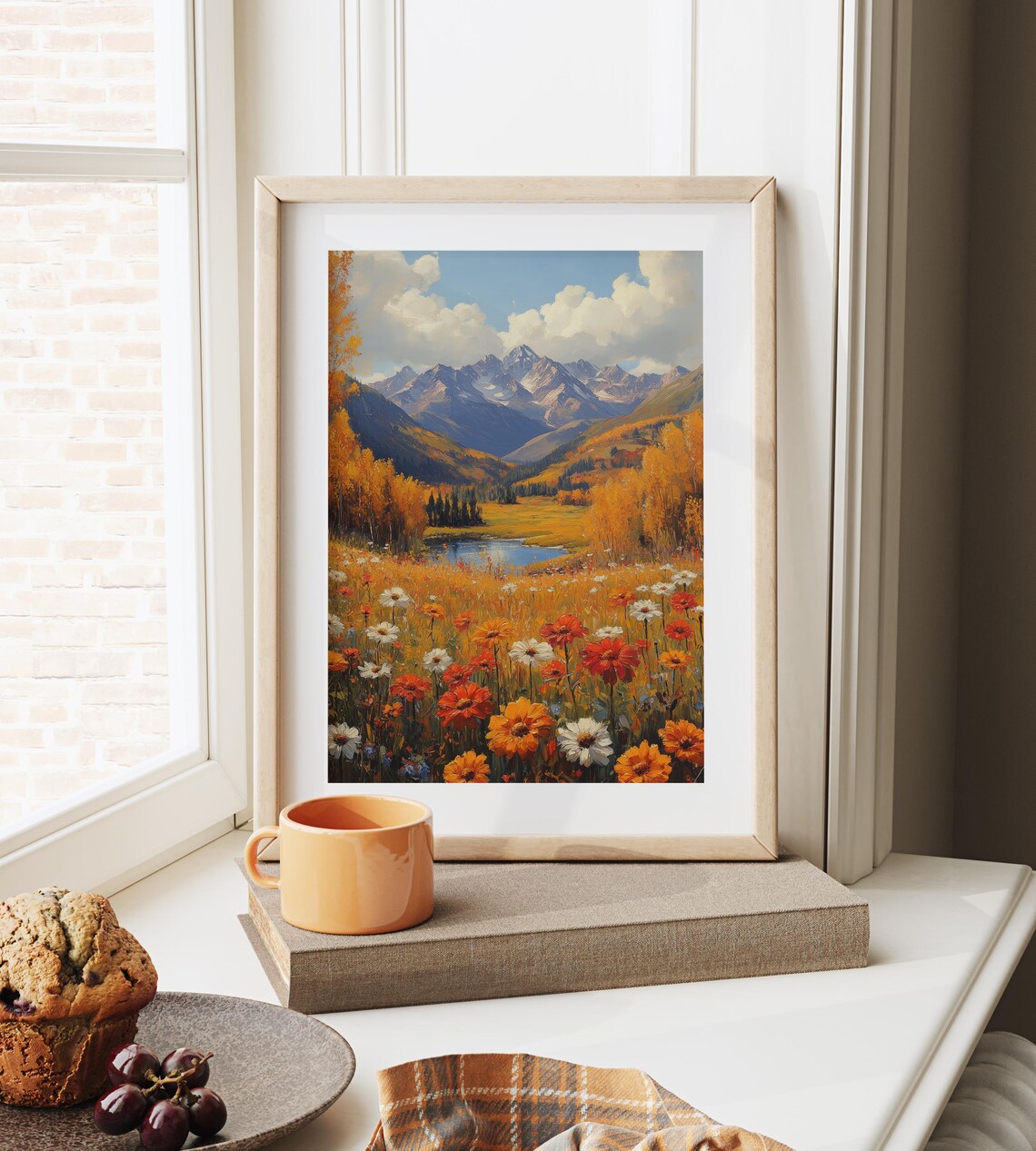 Wildflower Meadow Alpine Lake Snowy Peaks Landscape Painting Print - Image 6