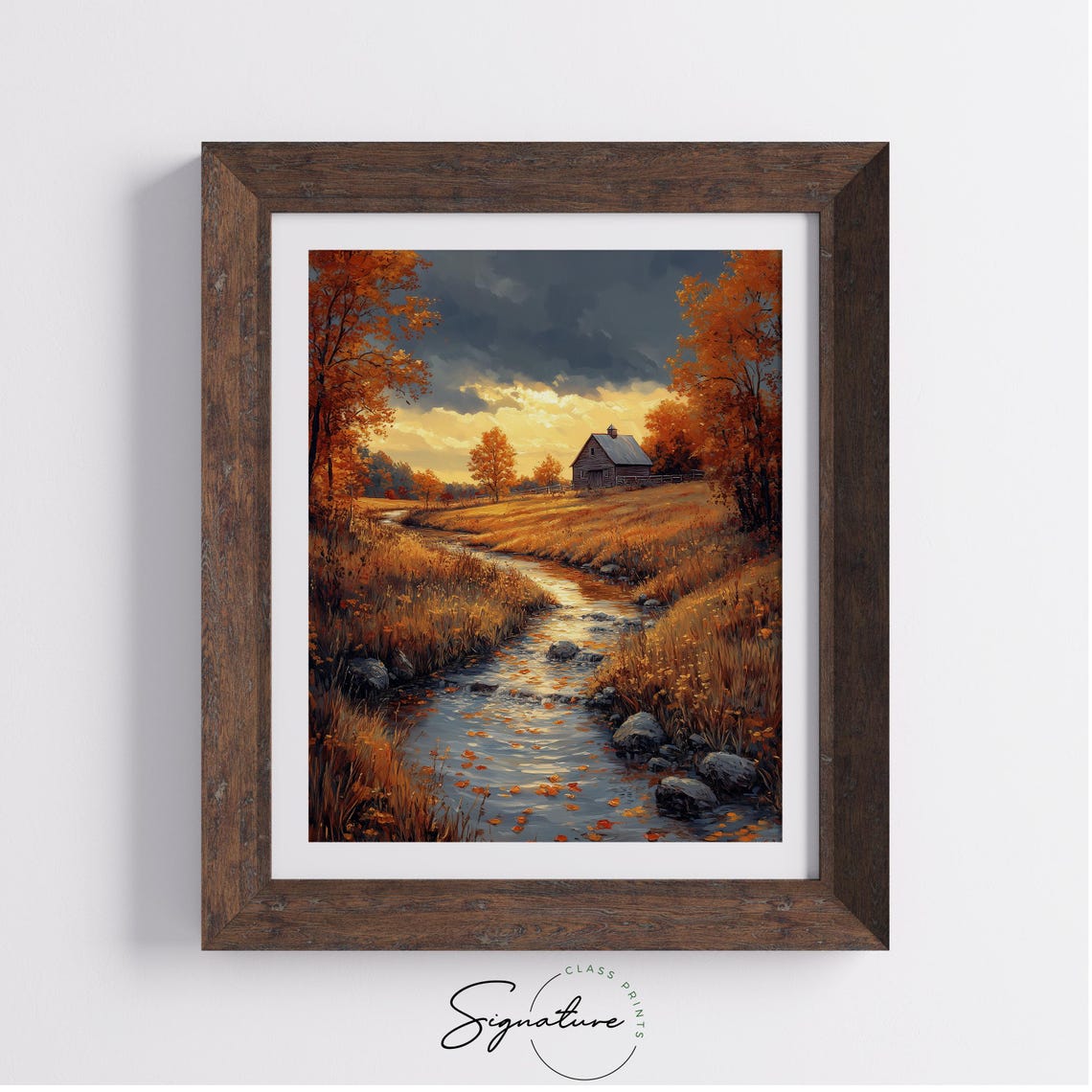 Stream Through Meadow Cabin Dramatic Sunset Autumn Painting Print - Image 4